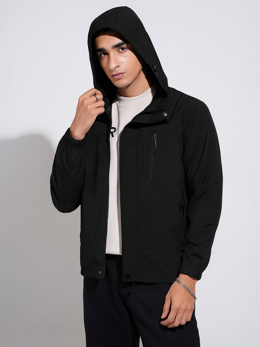 Men's Solid Black Hooded Zipper Jacket