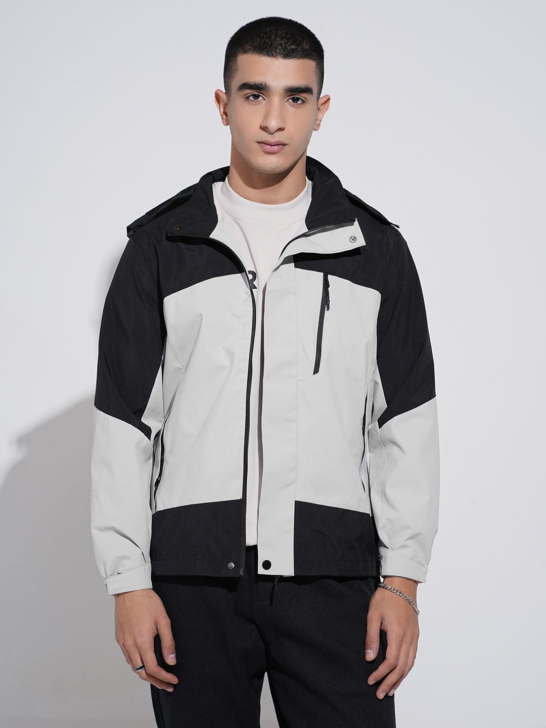 Men's Colorblocked Grey Hooded Zipper Jacket
