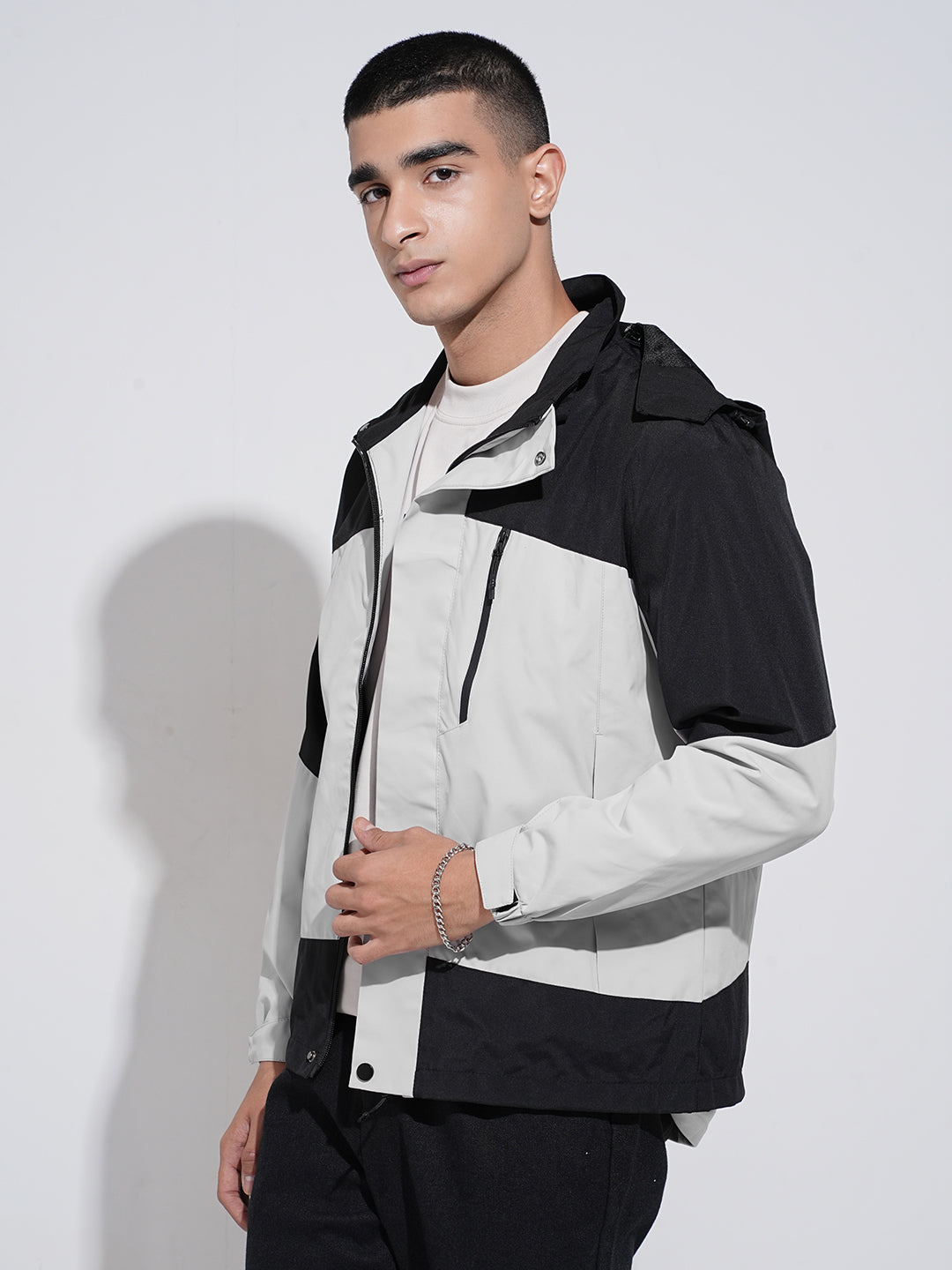 Men's Colorblocked Grey Hooded Zipper Jacket