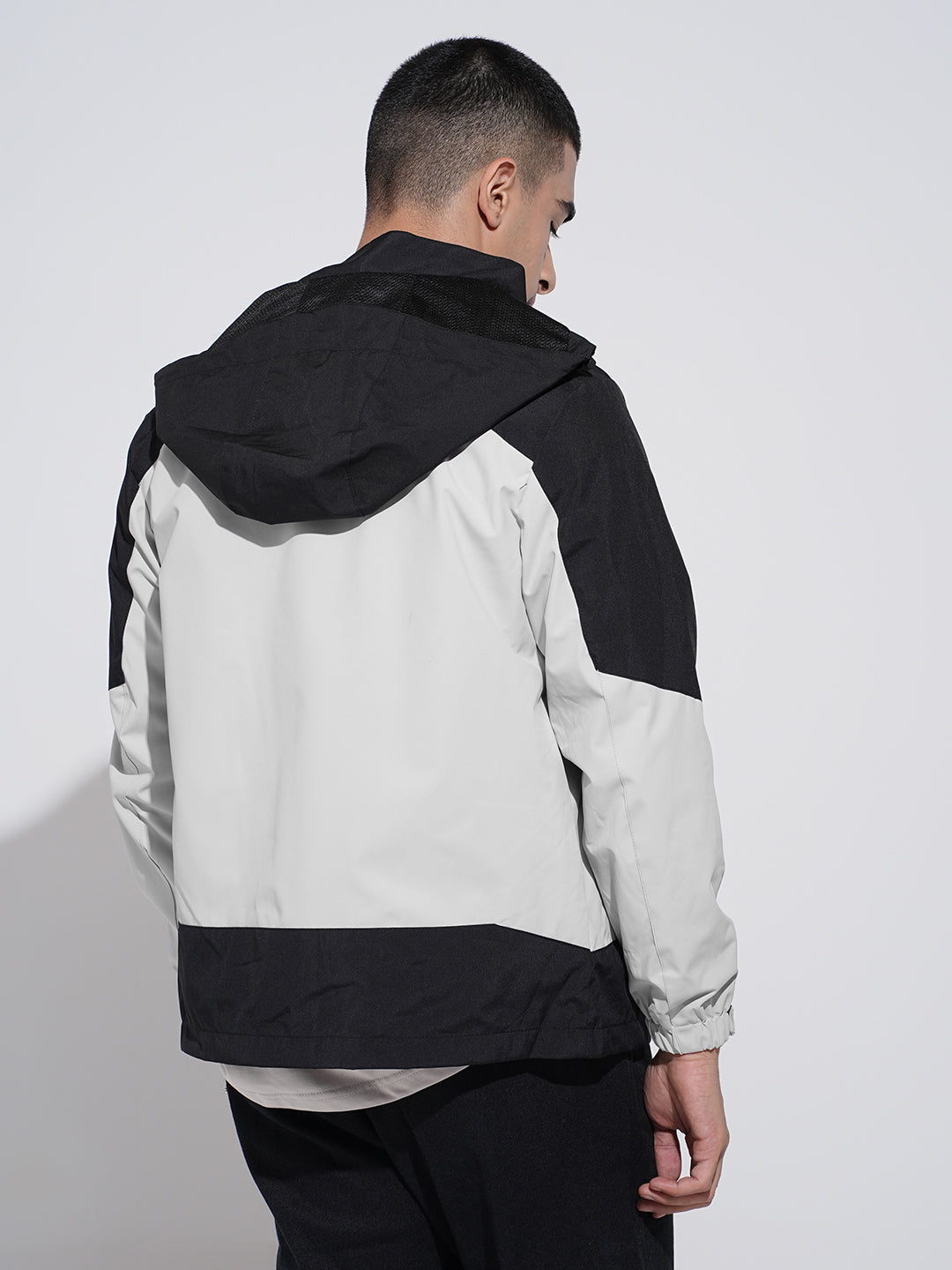 Men's Colorblocked Grey Hooded Zipper Jacket