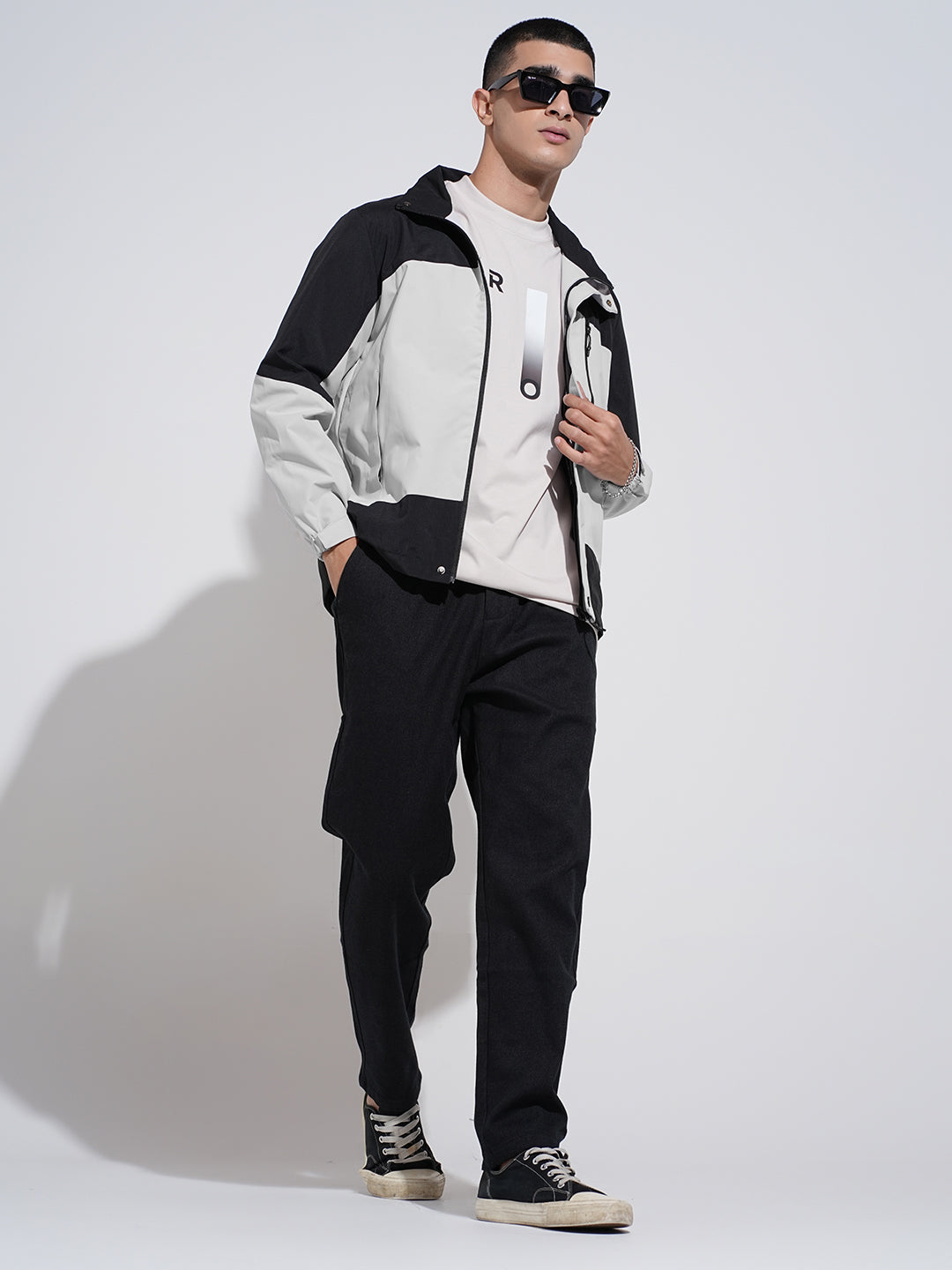 Men's Colorblocked Grey Hooded Zipper Jacket