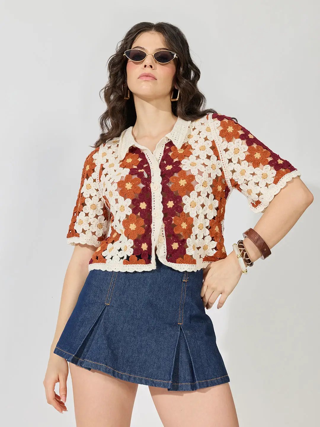Women's Brown Floral Crochet Collared Half-Sleeve Top