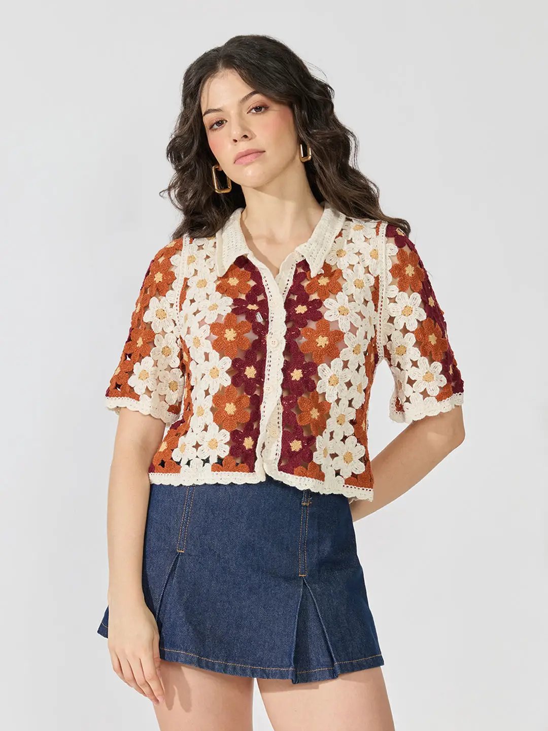 Women's Brown Floral Crochet Collared Half-Sleeve Top