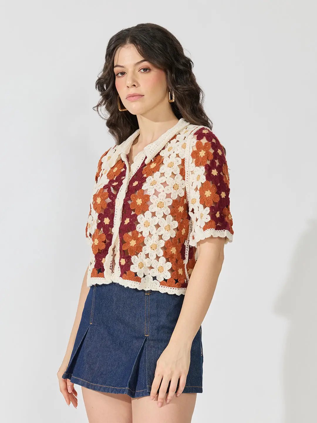 Women's Brown Floral Crochet Collared Half-Sleeve Top