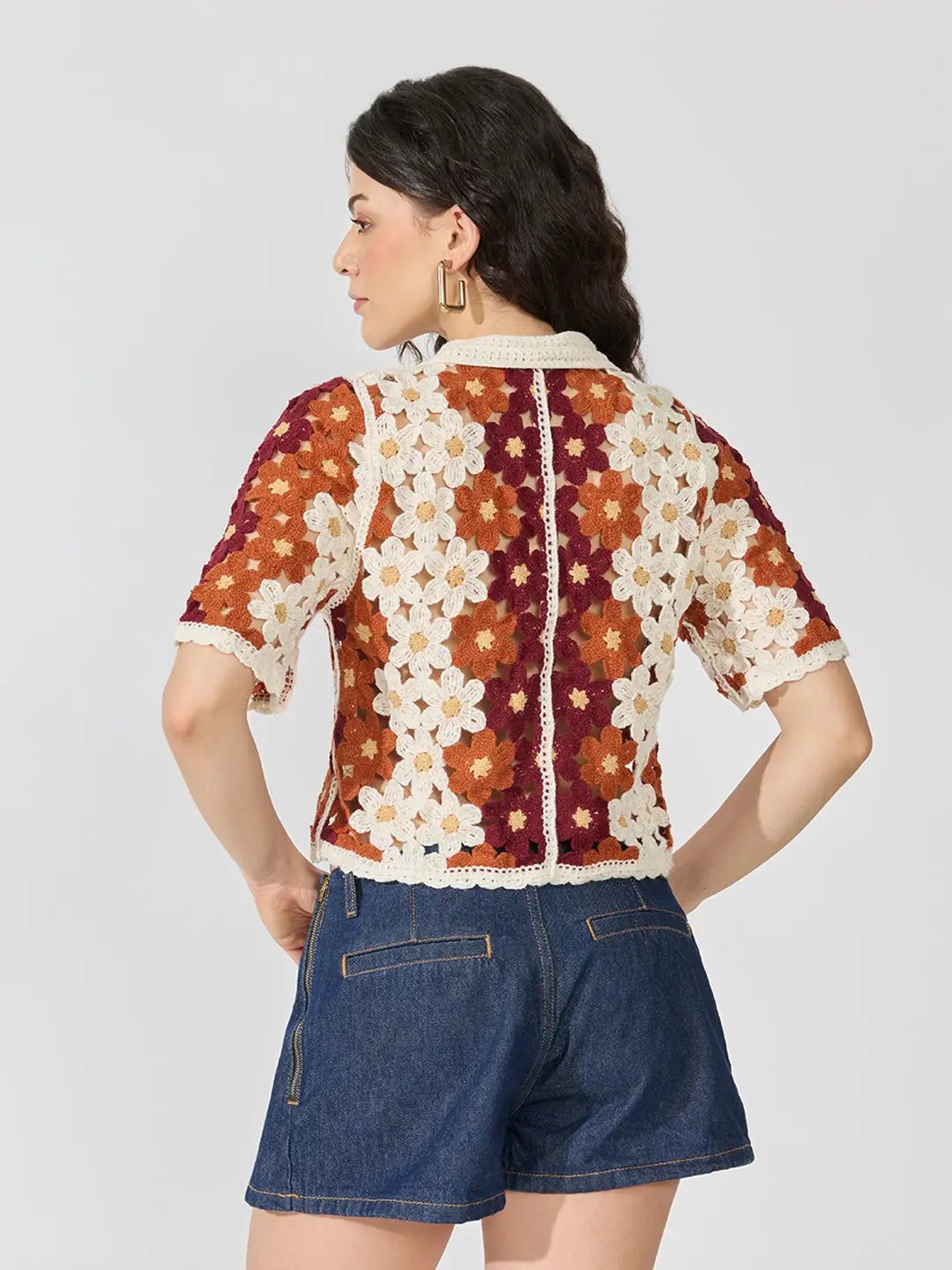 Women's Brown Floral Crochet Collared Half-Sleeve Top