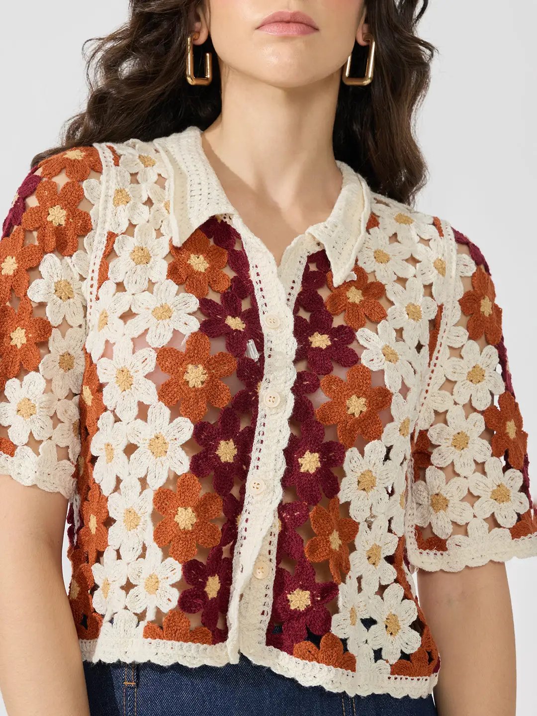 Women's Brown Floral Crochet Collared Half-Sleeve Top