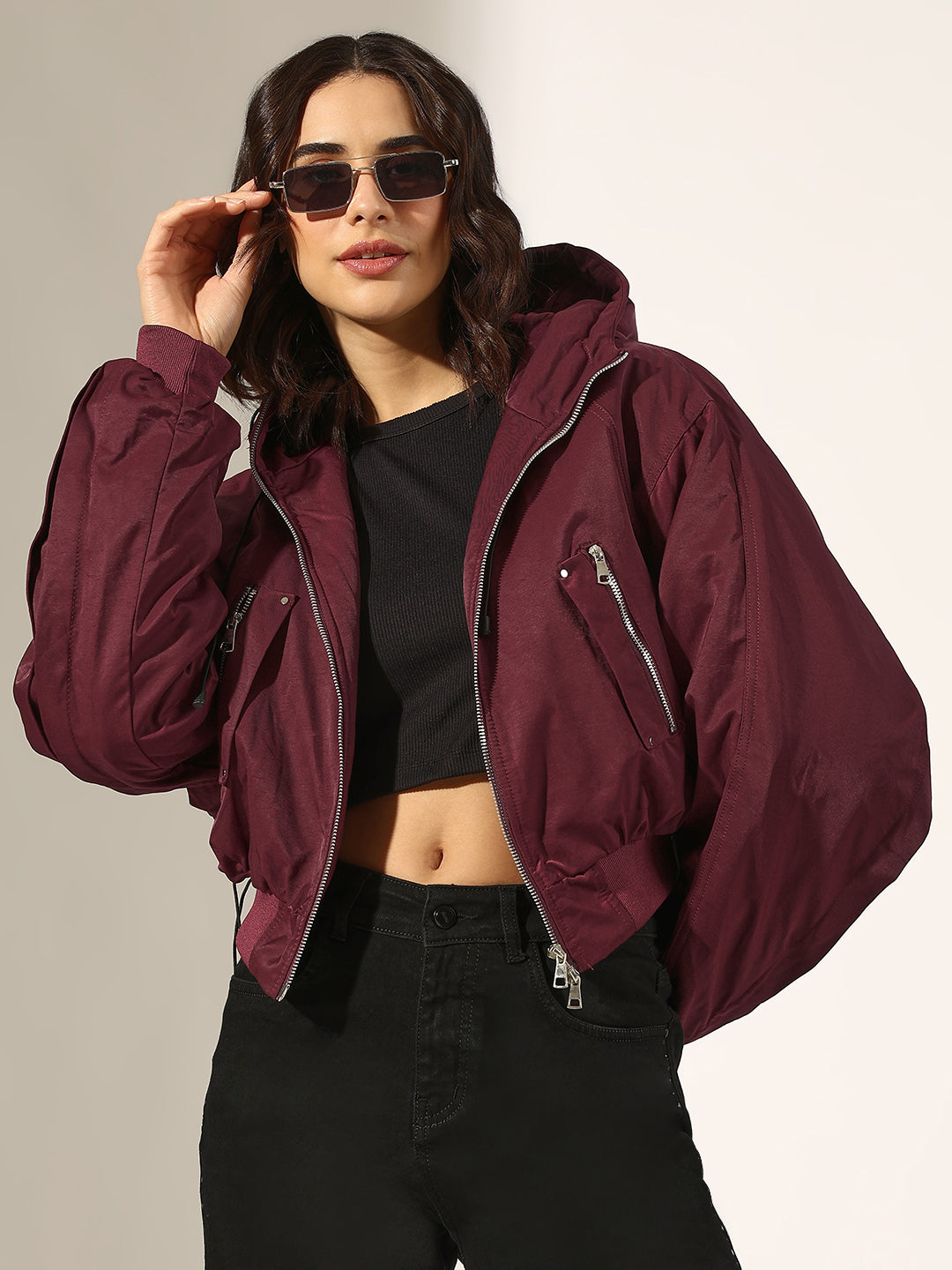 Women's Burgundy Hooded Zip-Up Bomber Jacket
