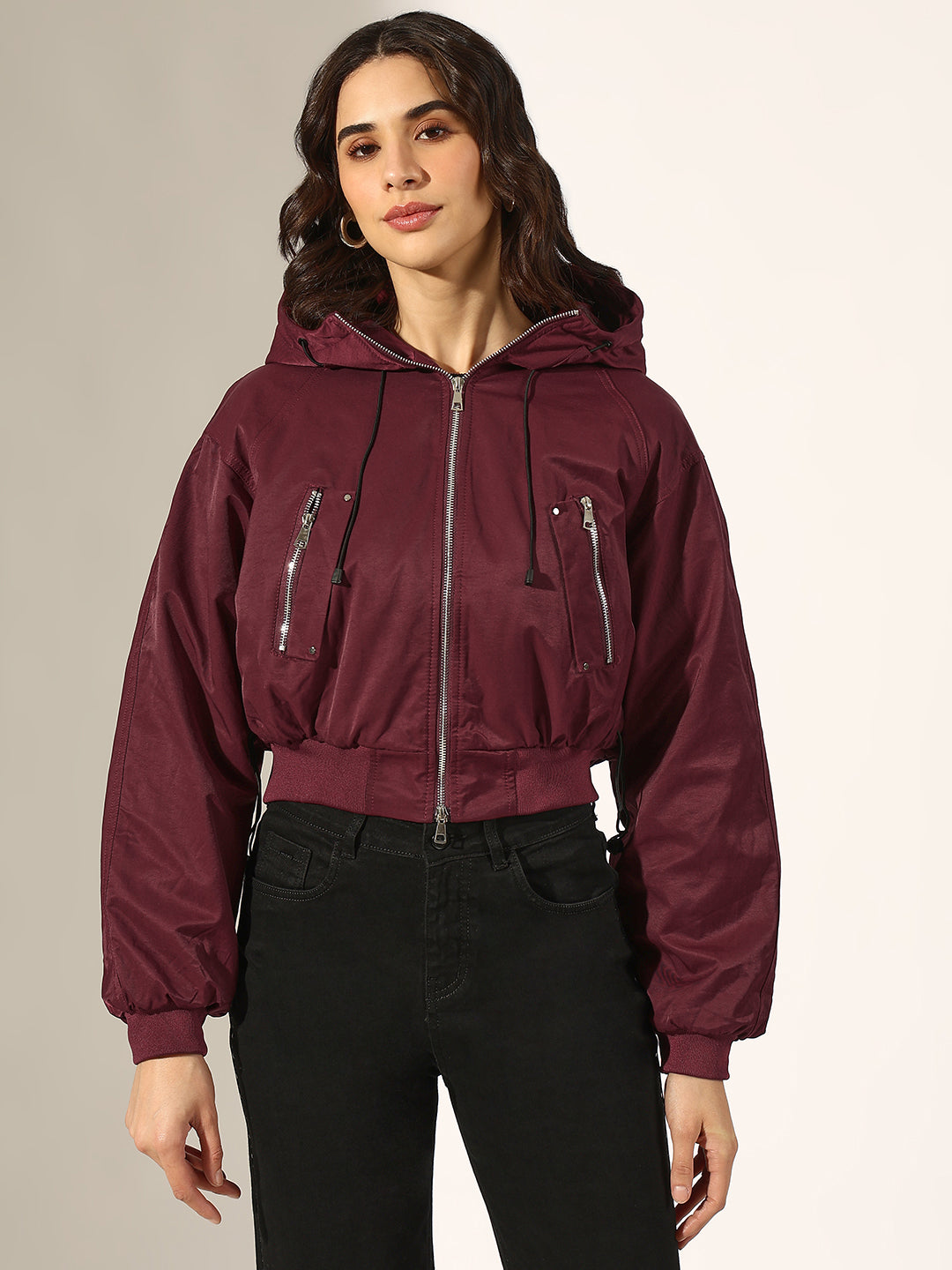 Women's Burgundy Hooded Zip-Up Bomber Jacket