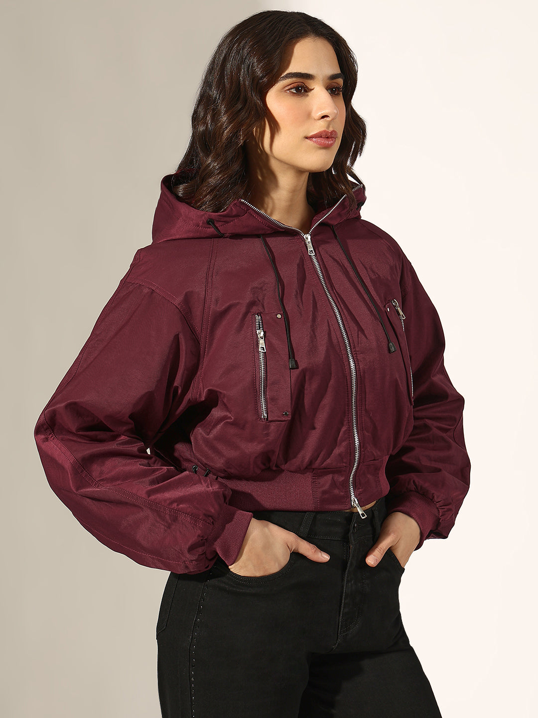 Women's Burgundy Hooded Zip-Up Bomber Jacket