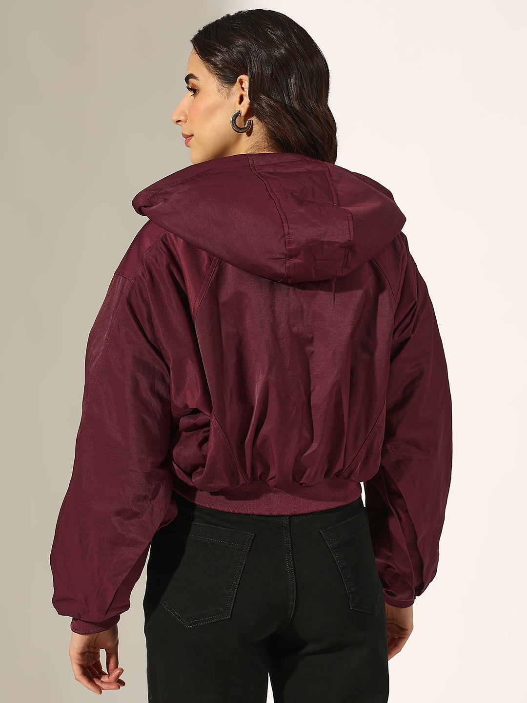 Women's Burgundy Hooded Zip-Up Bomber Jacket