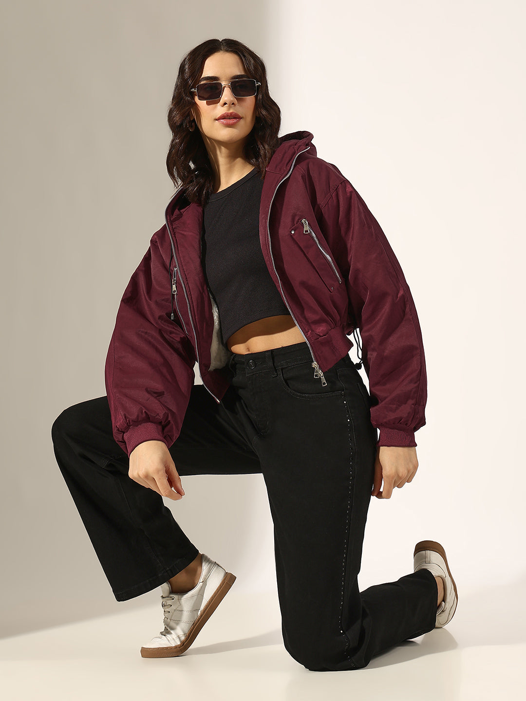 Women's Burgundy Hooded Zip-Up Bomber Jacket