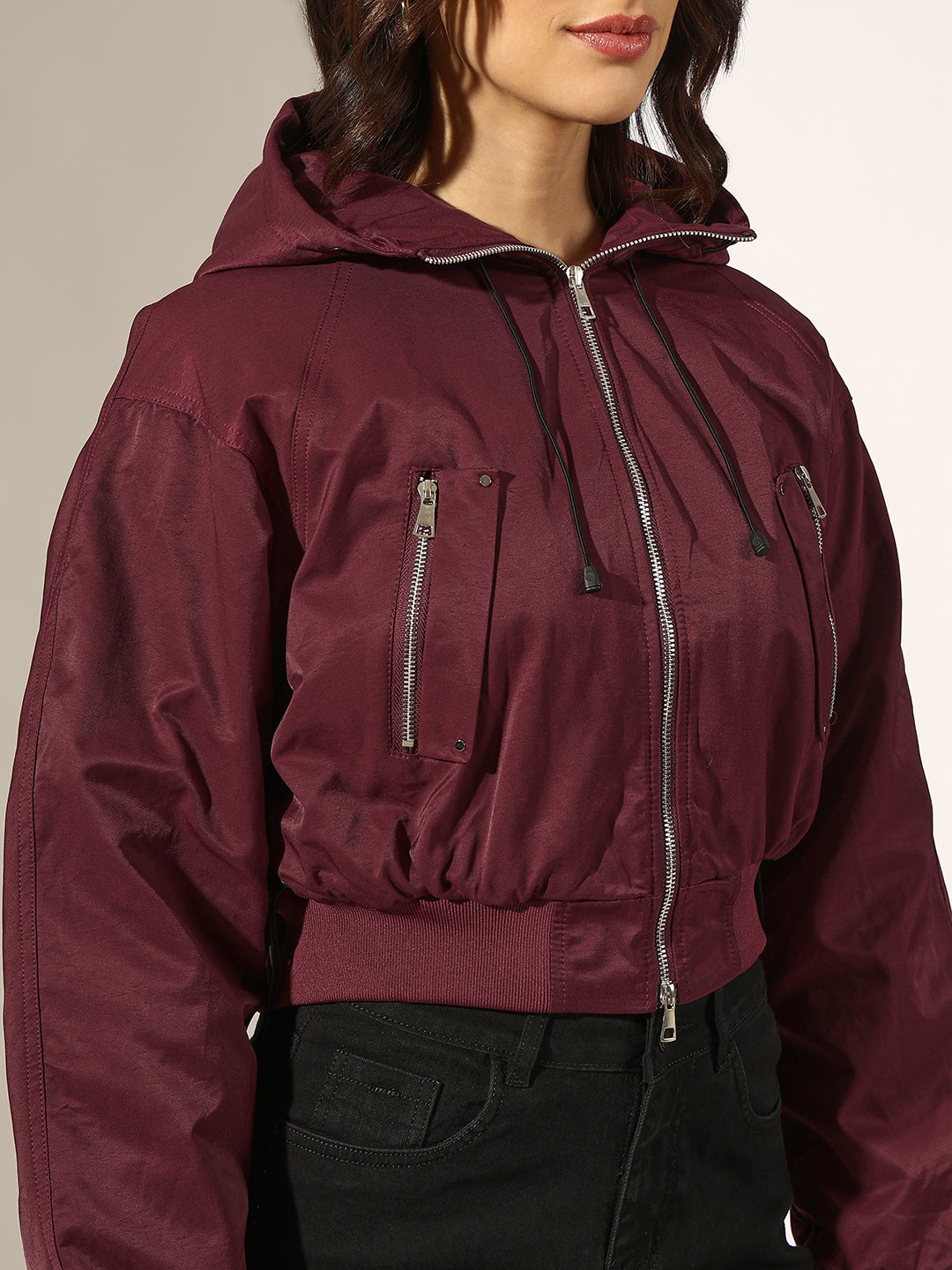 Women's Burgundy Hooded Zip-Up Bomber Jacket