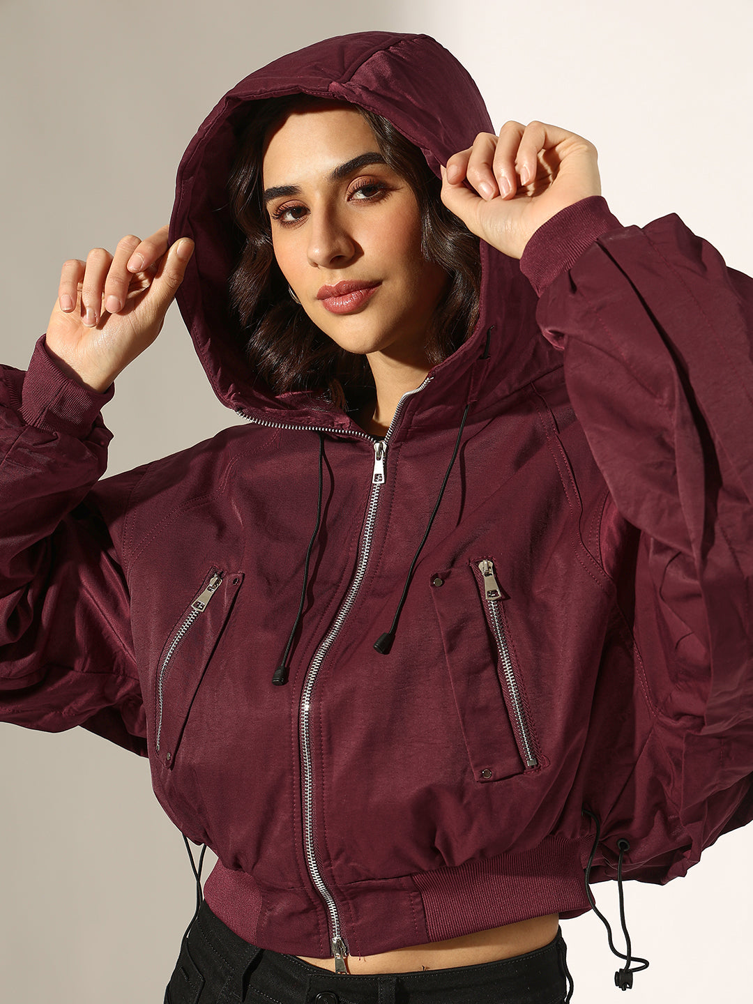 Women's Burgundy Hooded Zip-Up Bomber Jacket
