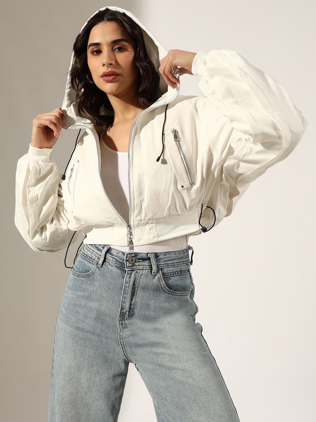 Women's White Hooded Zip-Up Bomber Jacket