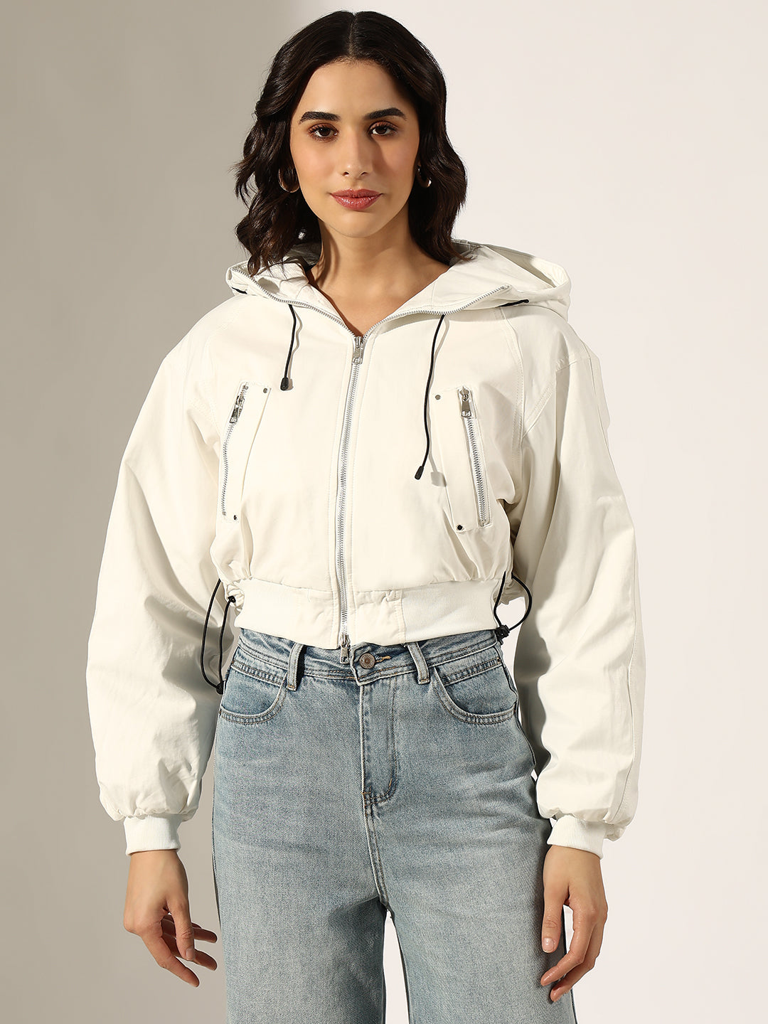 Women's White Hooded Zip-Up Bomber Jacket