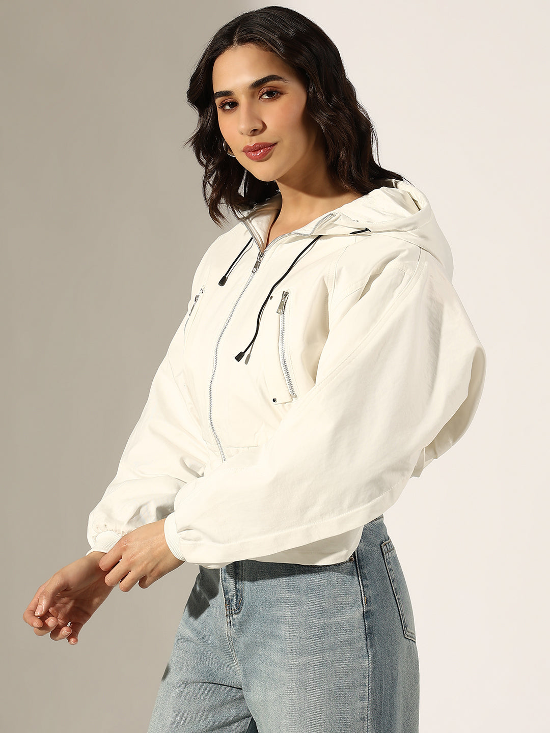 Women's White Hooded Zip-Up Bomber Jacket