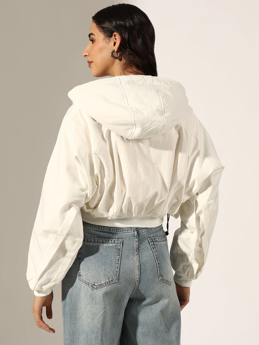 Women's White Hooded Zip-Up Bomber Jacket