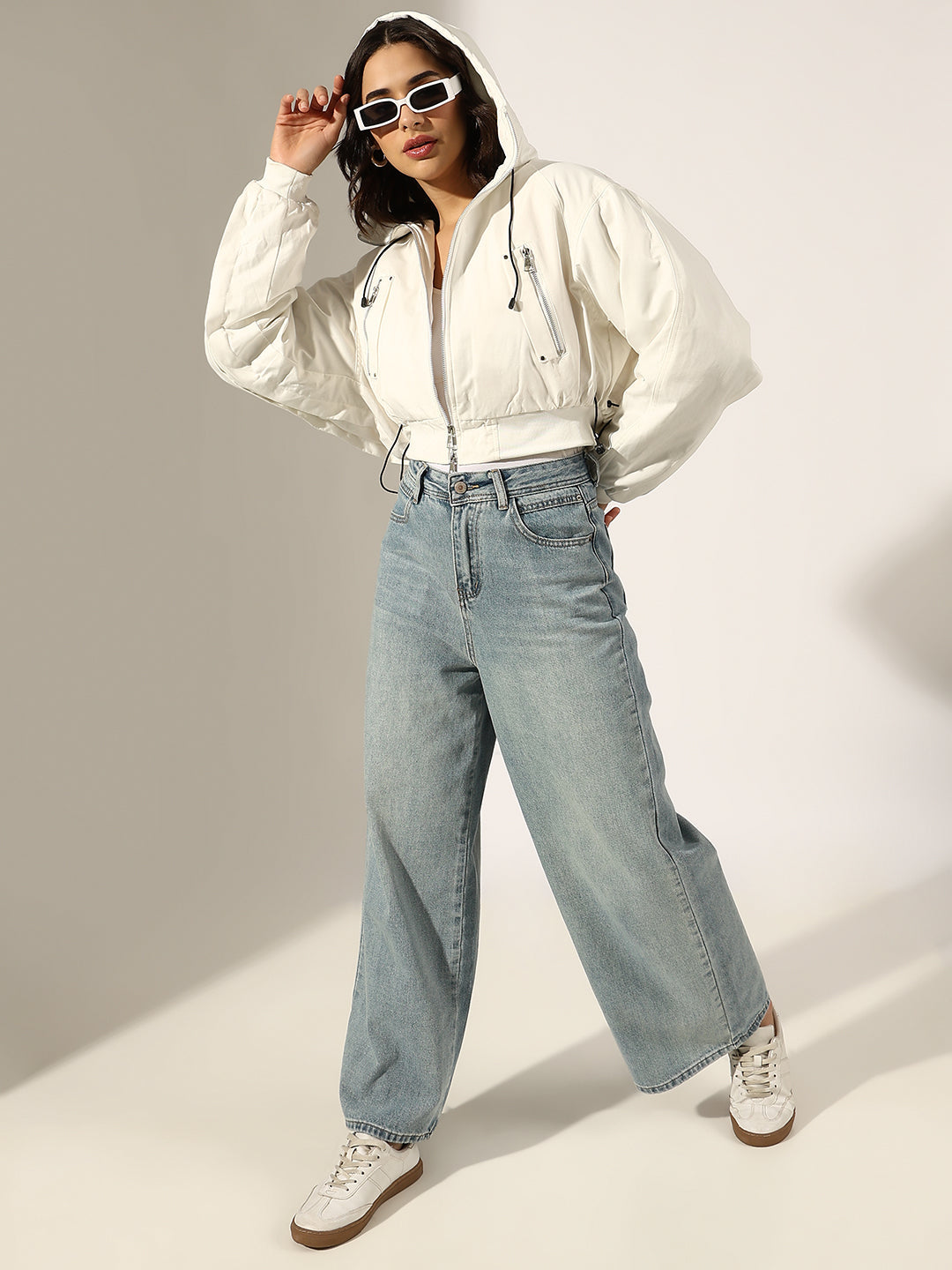 Women's White Hooded Zip-Up Bomber Jacket