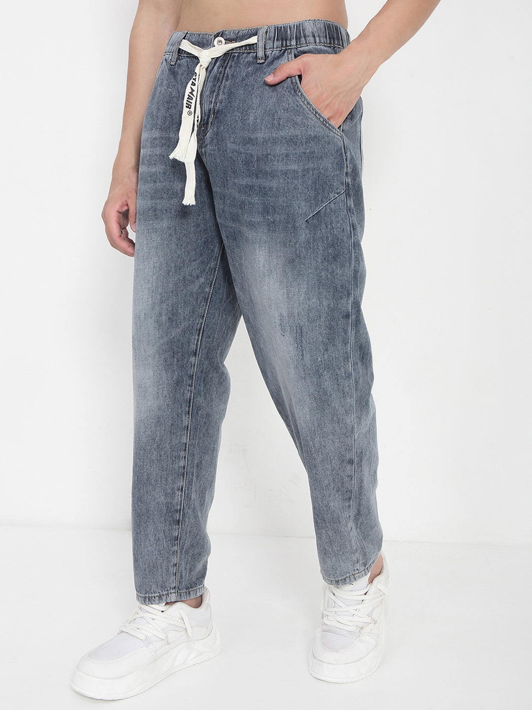 Men's Blue Relaxed Fit Jeans with Drawstrings