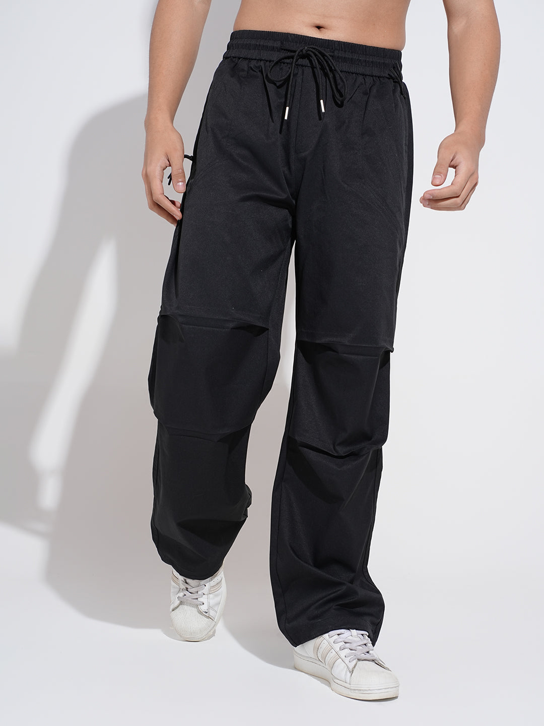 Men's Black Relaxed Fit Parachute Trousers with Elasticated Waist and Drawstring