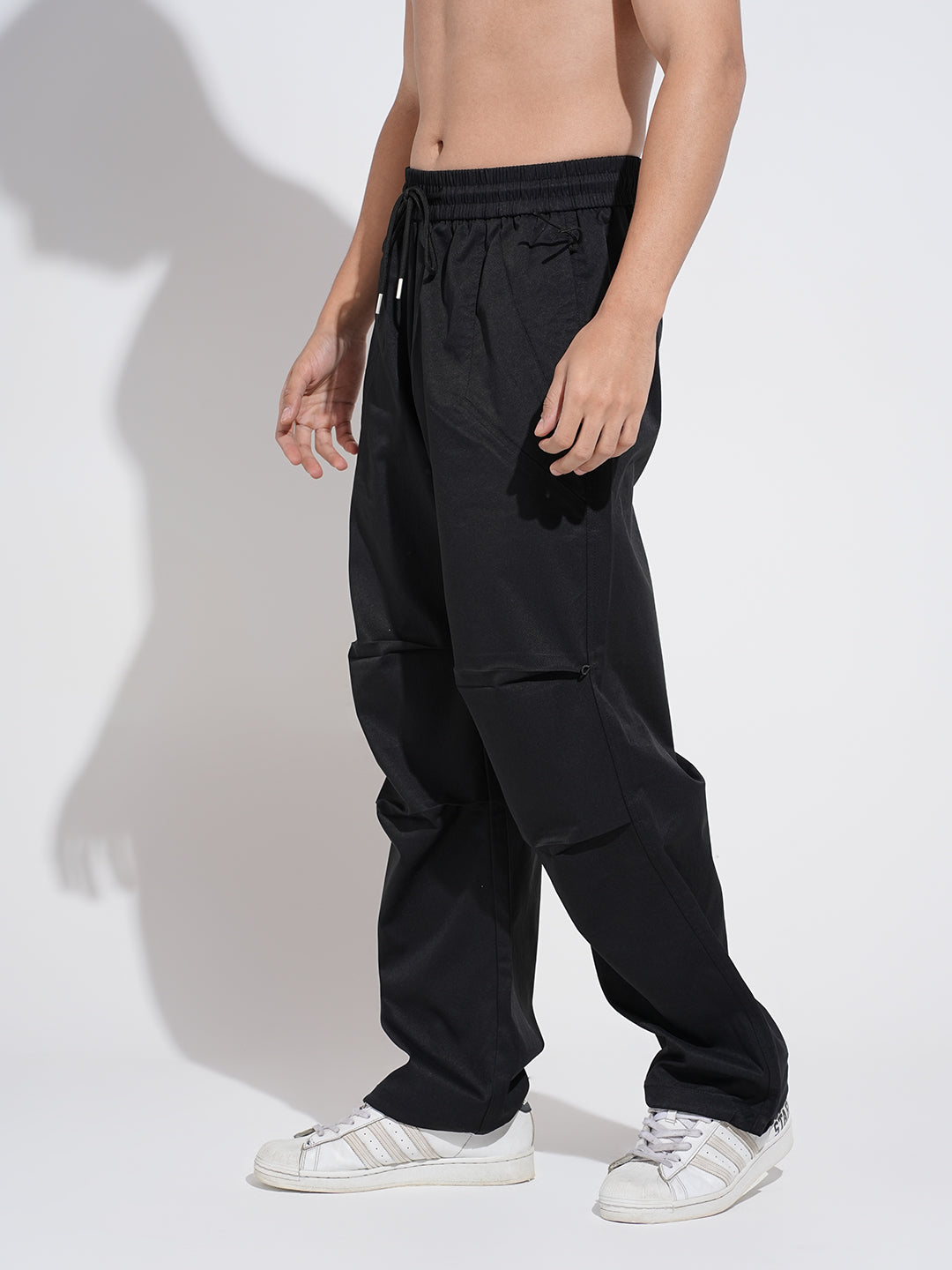 Men's Black Relaxed Fit Parachute Trousers with Elasticated Waist and Drawstring