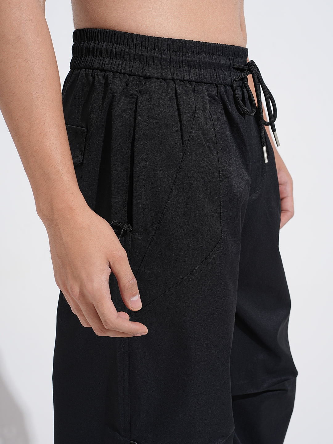 Men's Black Relaxed Fit Parachute Trousers with Elasticated Waist and Drawstring