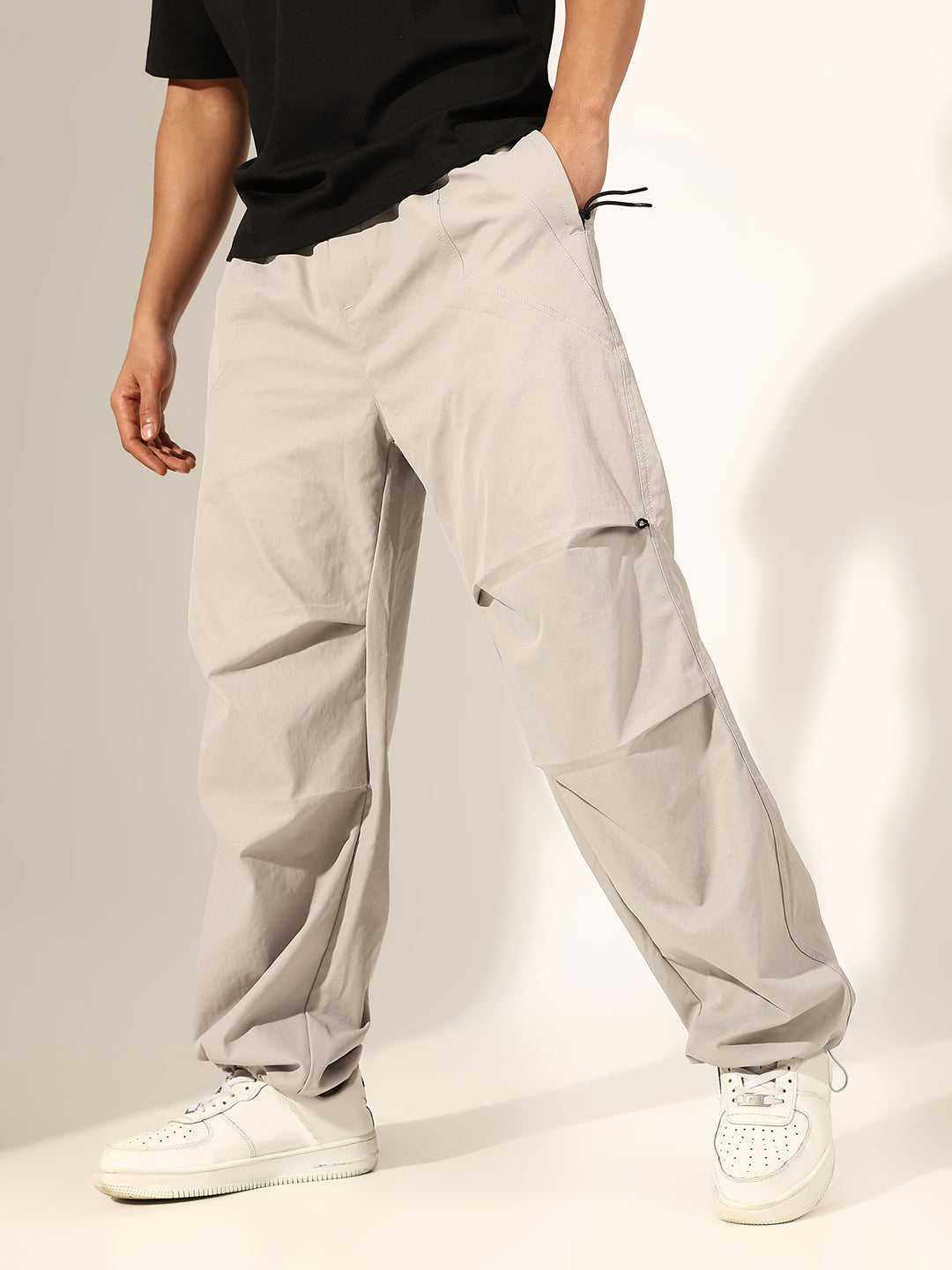 Men's Grey Relaxed Fit Trouser with Knee Seam Detail