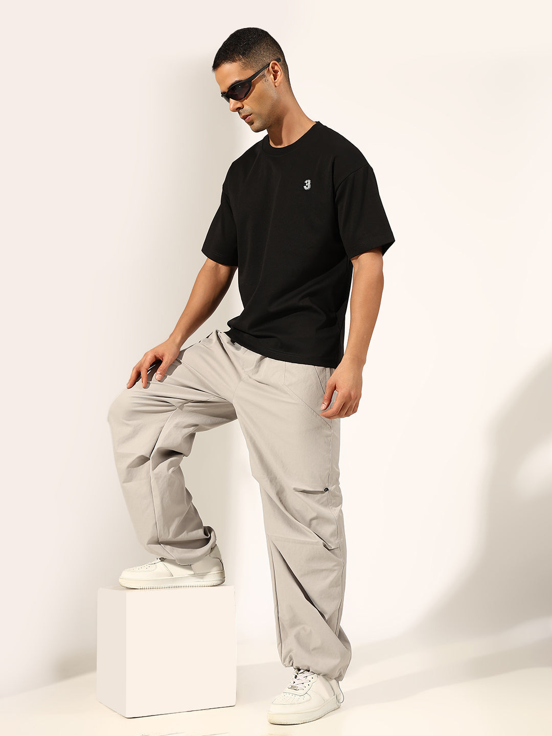 Men's Grey Relaxed Fit Trouser with Knee Seam Detail