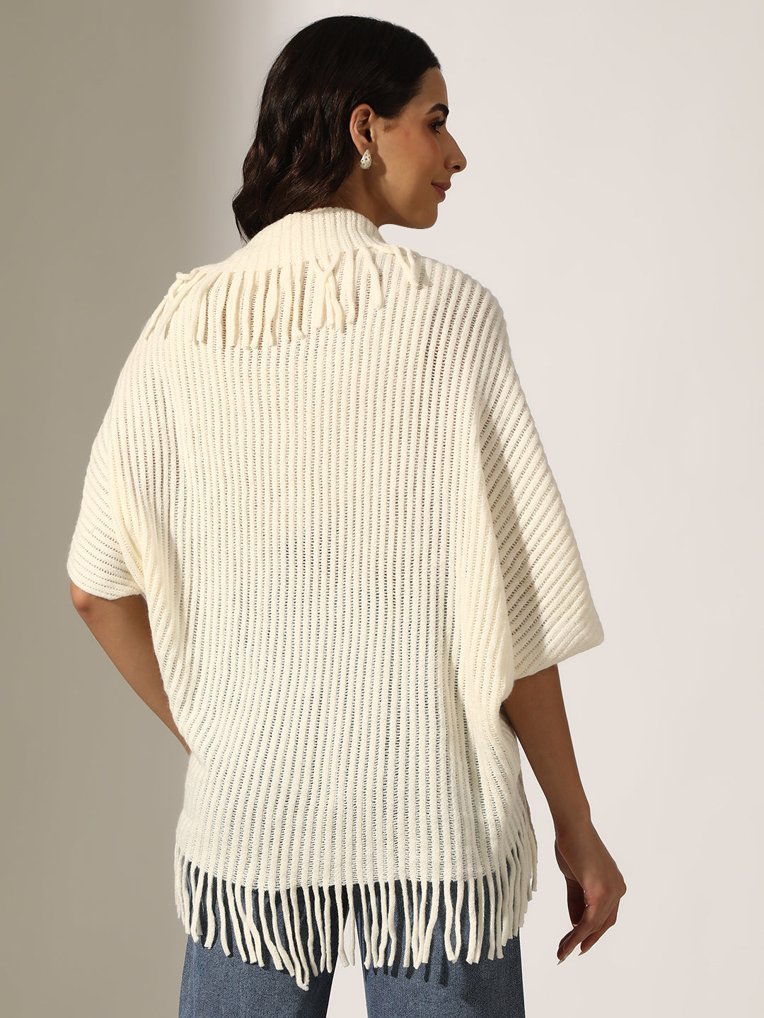 Women's Textured Cream Knit Open Front Poncho with Fringed Hem