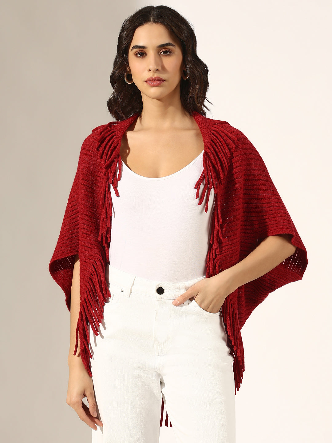 Women's Ribbed Red Open-Front Poncho with Fringe Edge