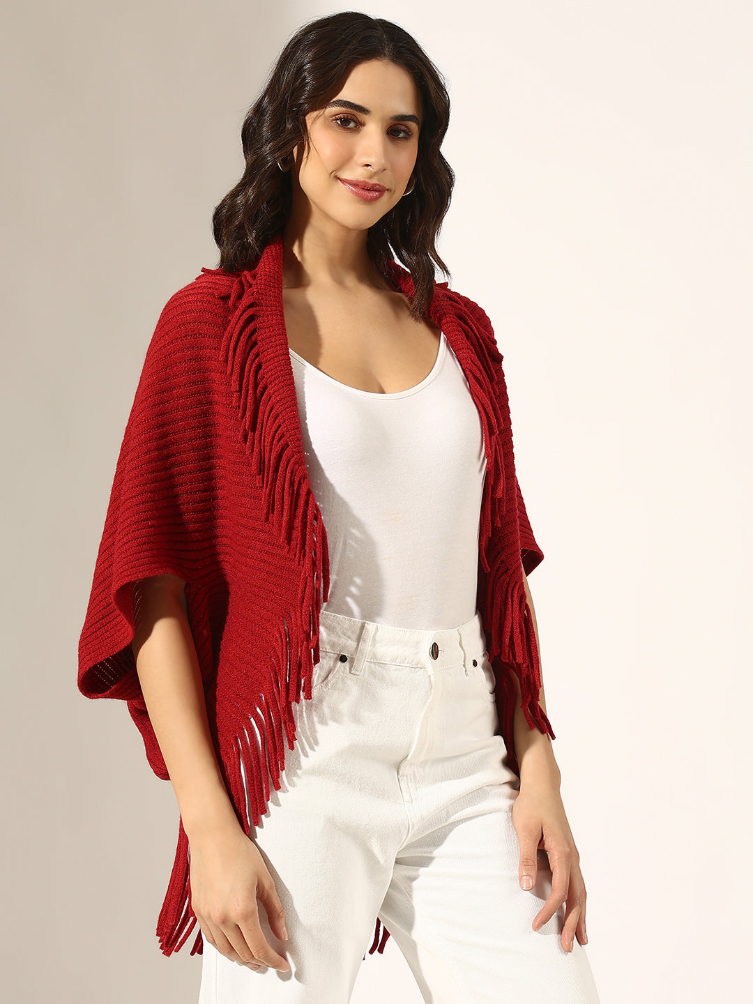 Women's Ribbed Red Open-Front Poncho with Fringe Edge