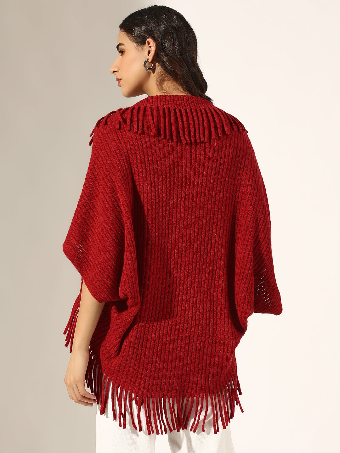 Women's Ribbed Red Open-Front Poncho with Fringe Edge