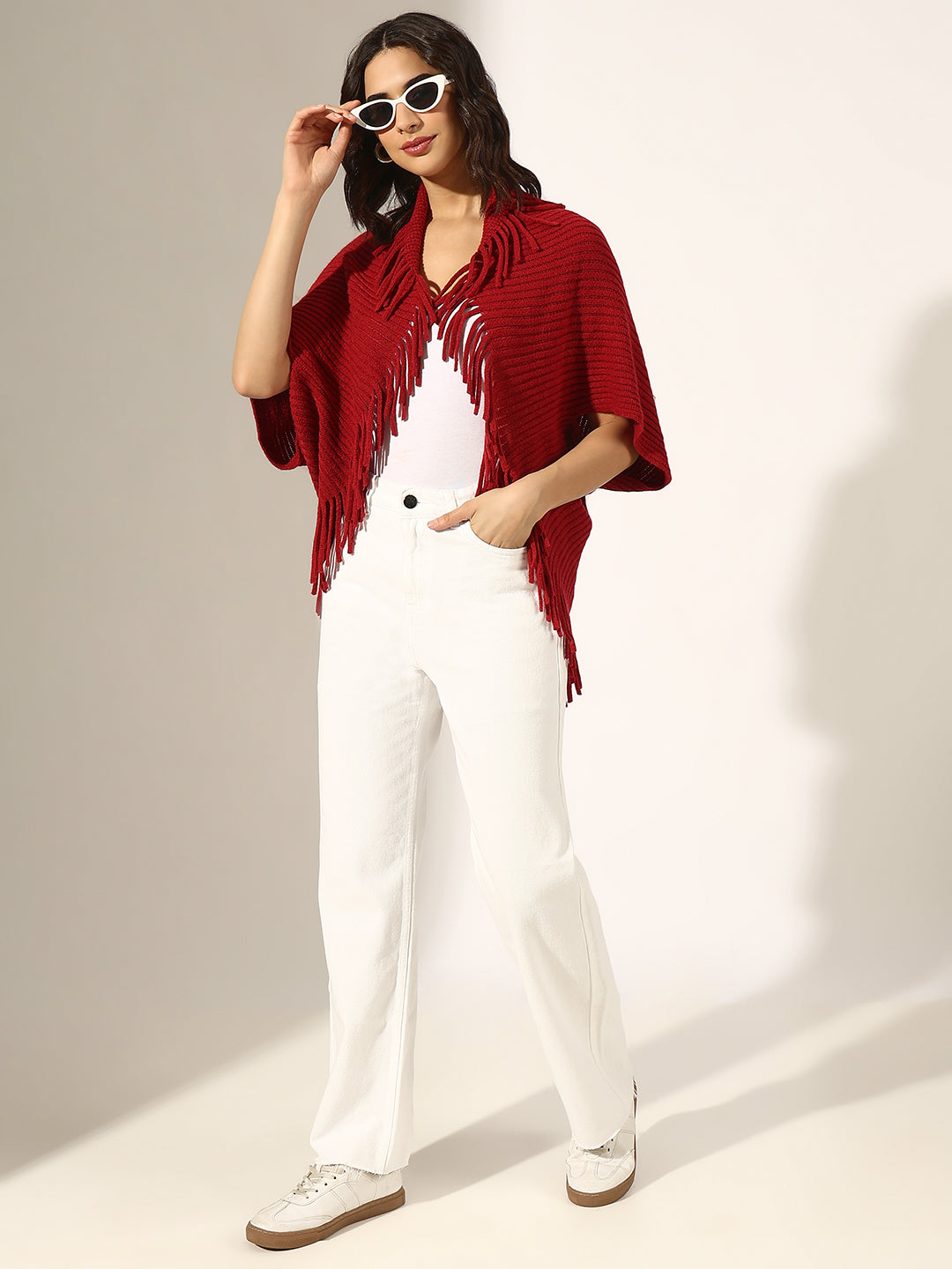 Women's Ribbed Red Open-Front Poncho with Fringe Edge