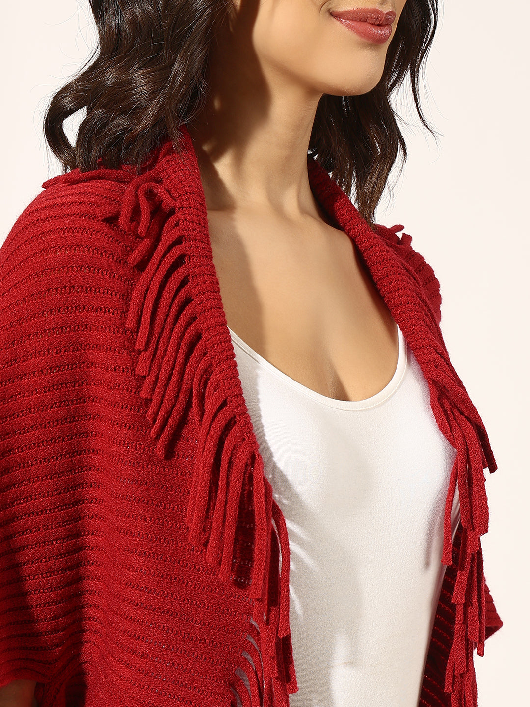 Women's Ribbed Red Open-Front Poncho with Fringe Edge