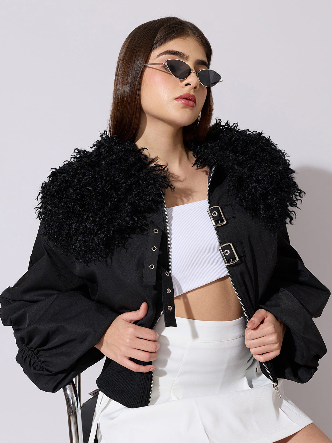 Women's Black Faux Fur Collar Buckled Bomber Jacket