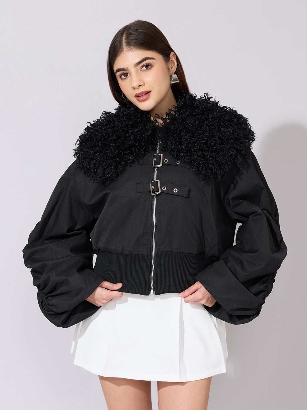 Women's Black Faux Fur Collar Buckled Bomber Jacket