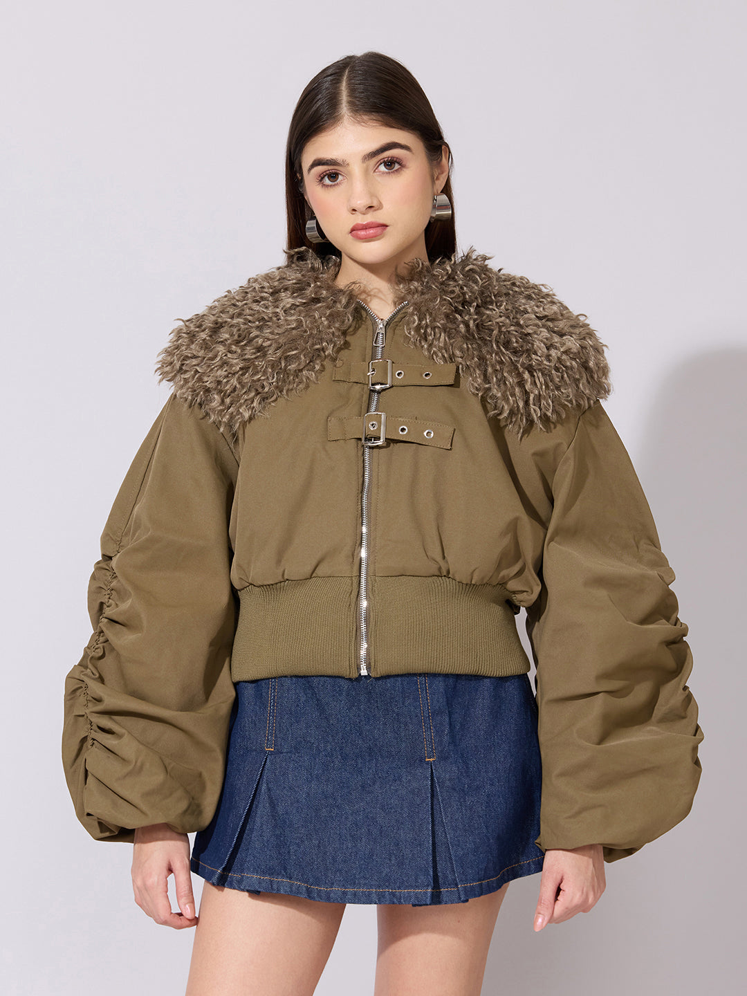 Women's Olive Faux Fur Collar Buckled Bomber Jacket