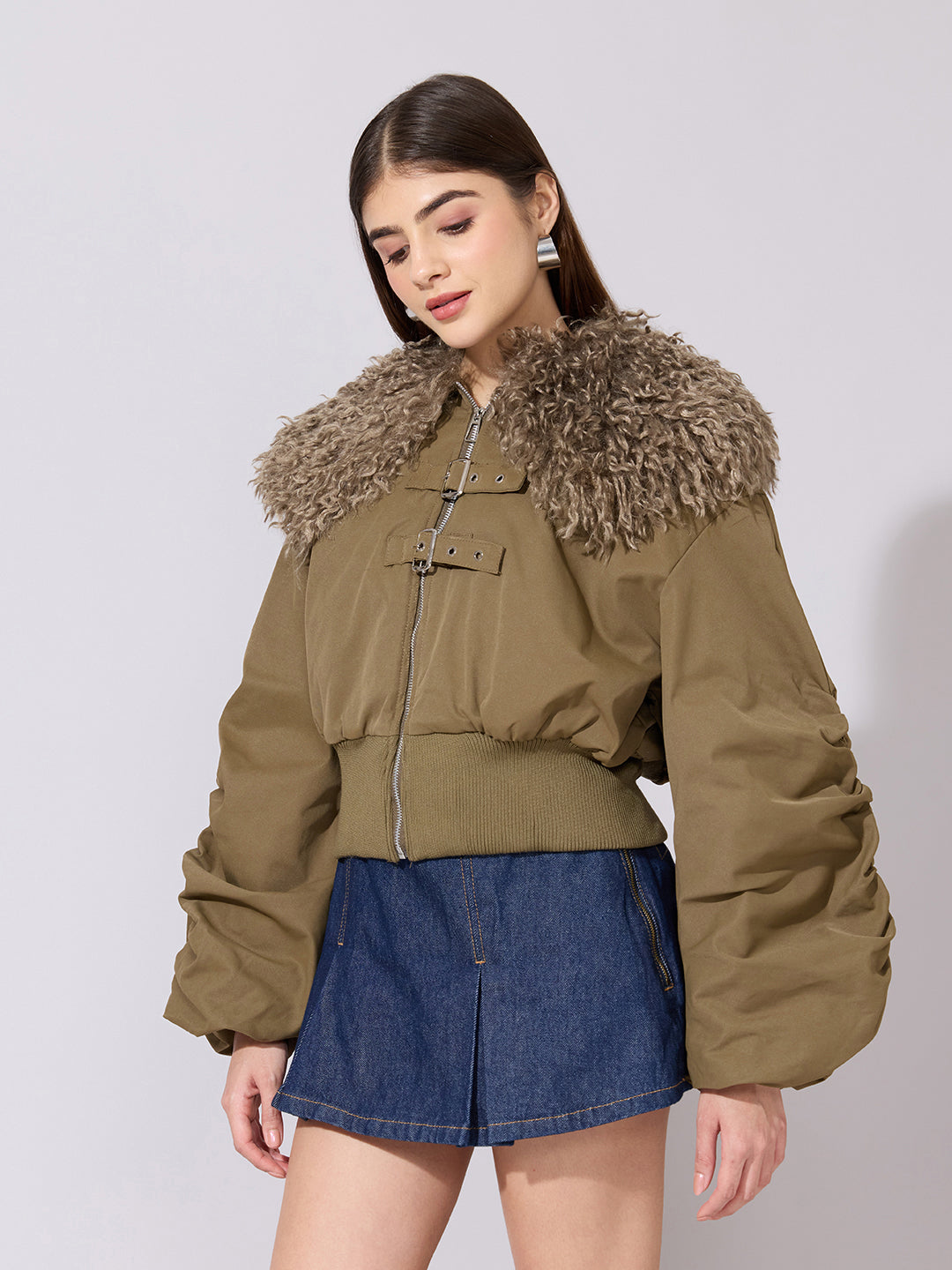 Women's Olive Faux Fur Collar Buckled Bomber Jacket
