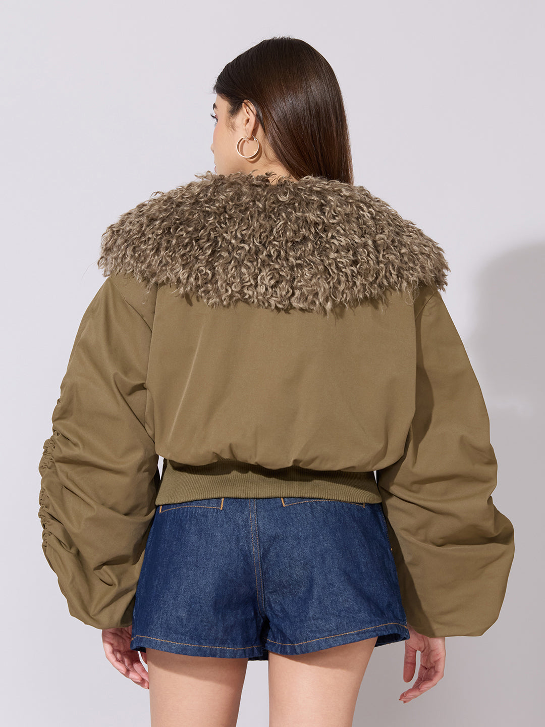 Women's Olive Faux Fur Collar Buckled Bomber Jacket