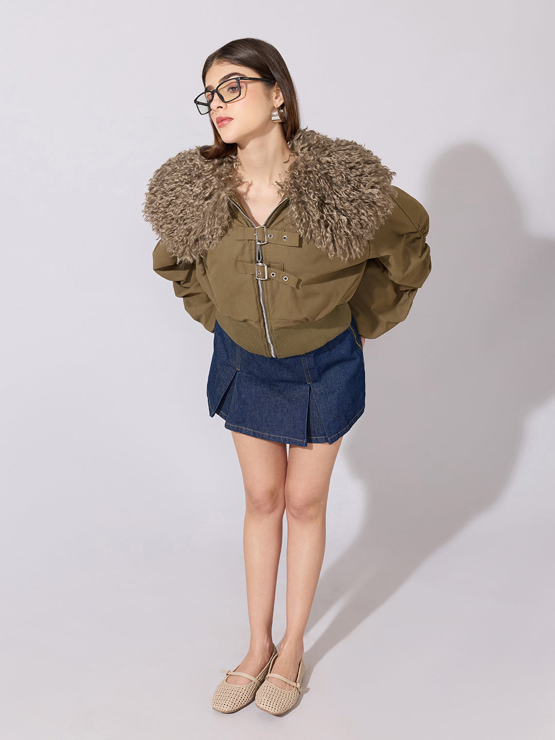 Women's Olive Faux Fur Collar Buckled Bomber Jacket