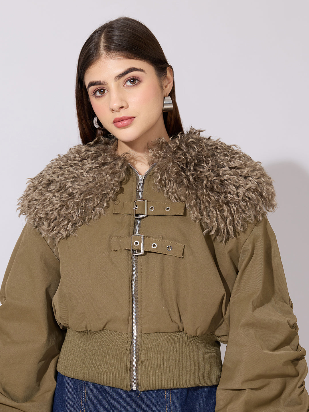 Women's Olive Faux Fur Collar Buckled Bomber Jacket