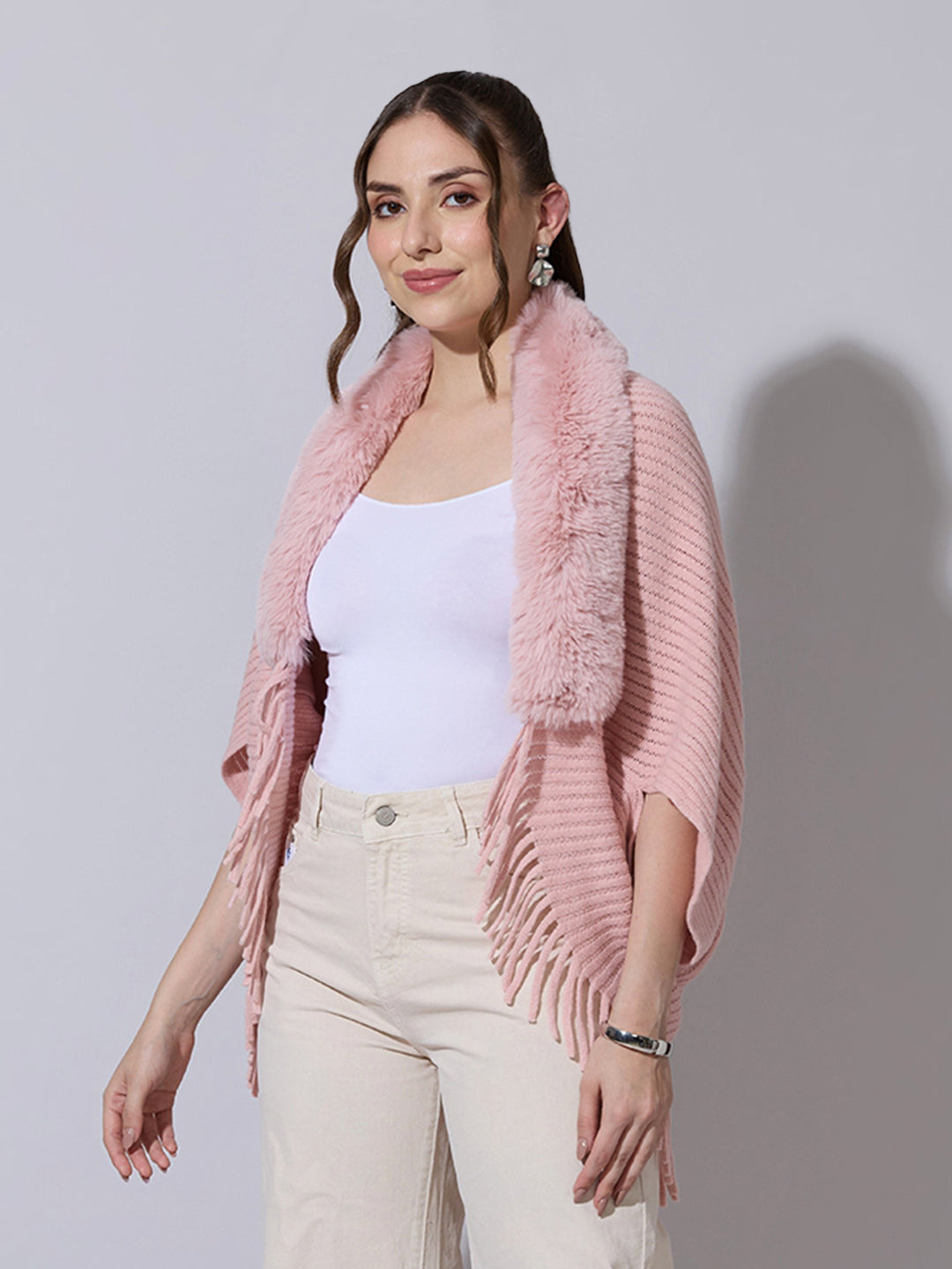 Women's Knit Pink Poncho with Faux Fur Collar