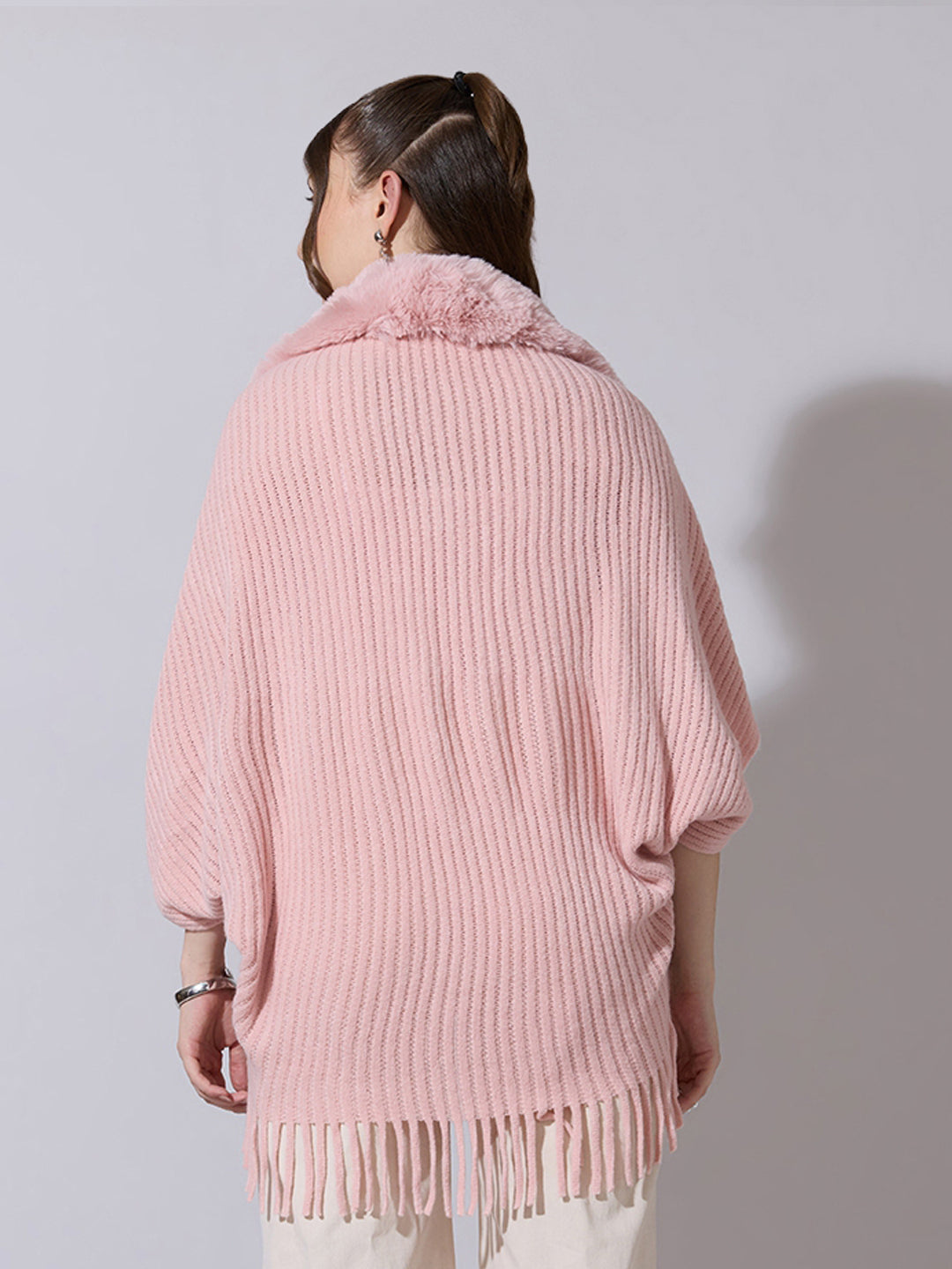 Women's Knit Pink Poncho with Faux Fur Collar