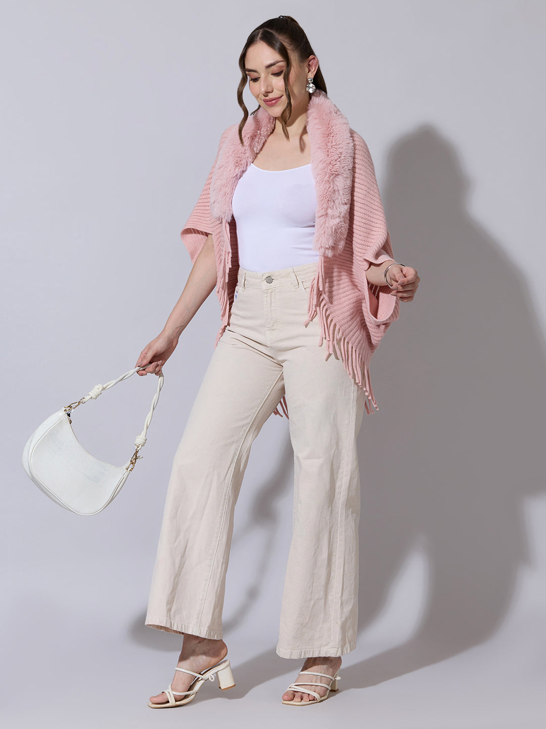 Women's Knit Pink Poncho with Faux Fur Collar