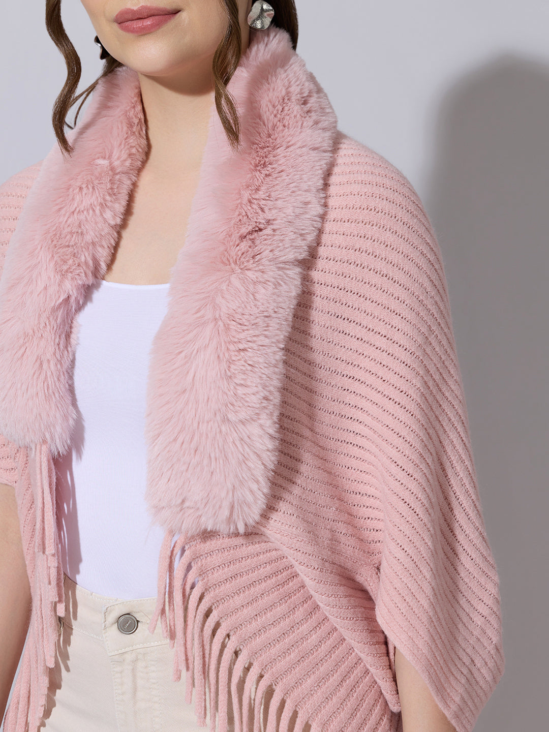 Women's Knit Pink Poncho with Faux Fur Collar