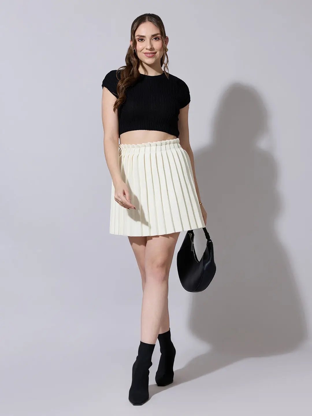 Women's Pleated Off White Knit Mini Skirt
