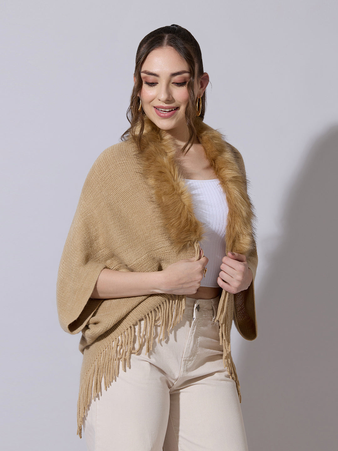 Women's Knit Beige Poncho with Faux Fur Collar