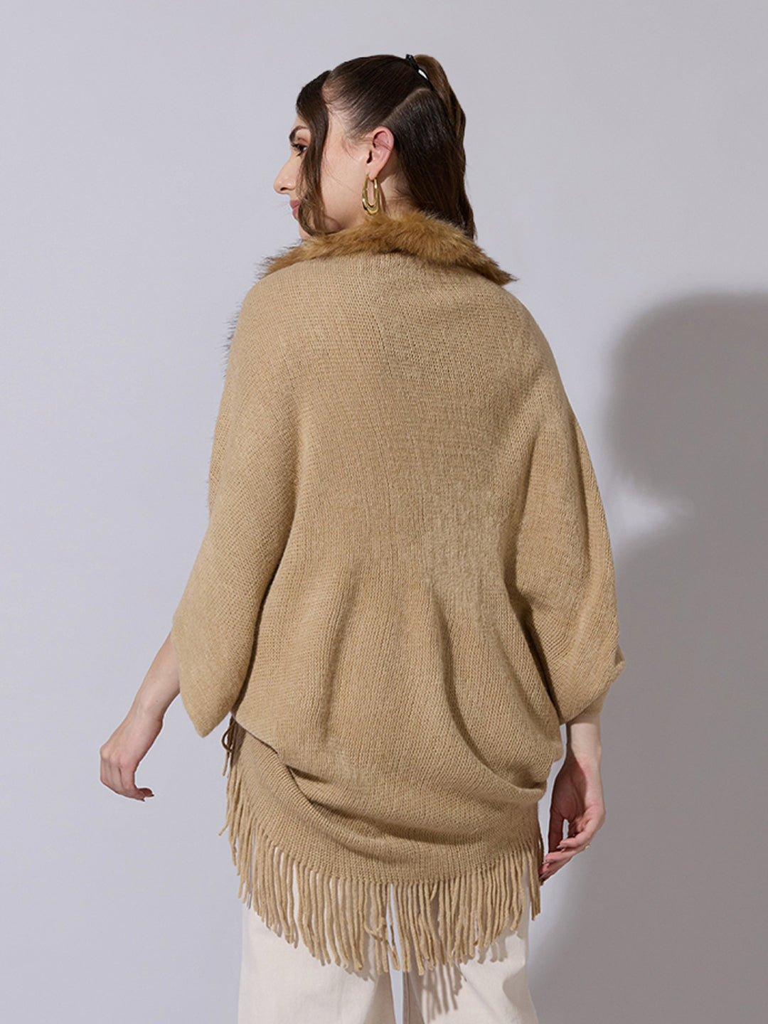 Women's Knit Beige Poncho with Faux Fur Collar