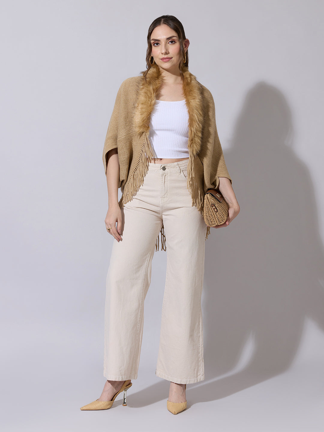 Women's Knit Beige Poncho with Faux Fur Collar