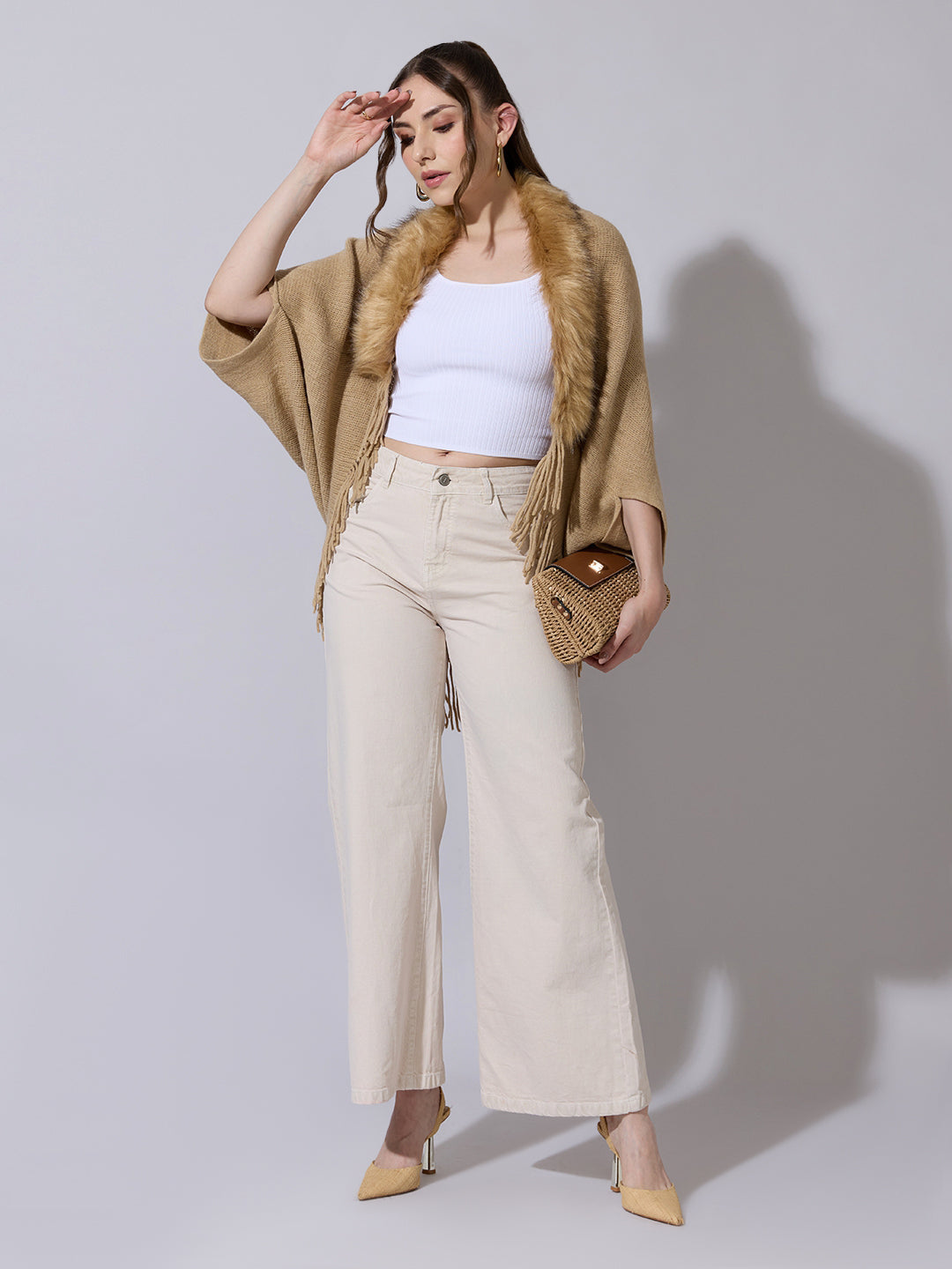 Women's Knit Beige Poncho with Faux Fur Collar